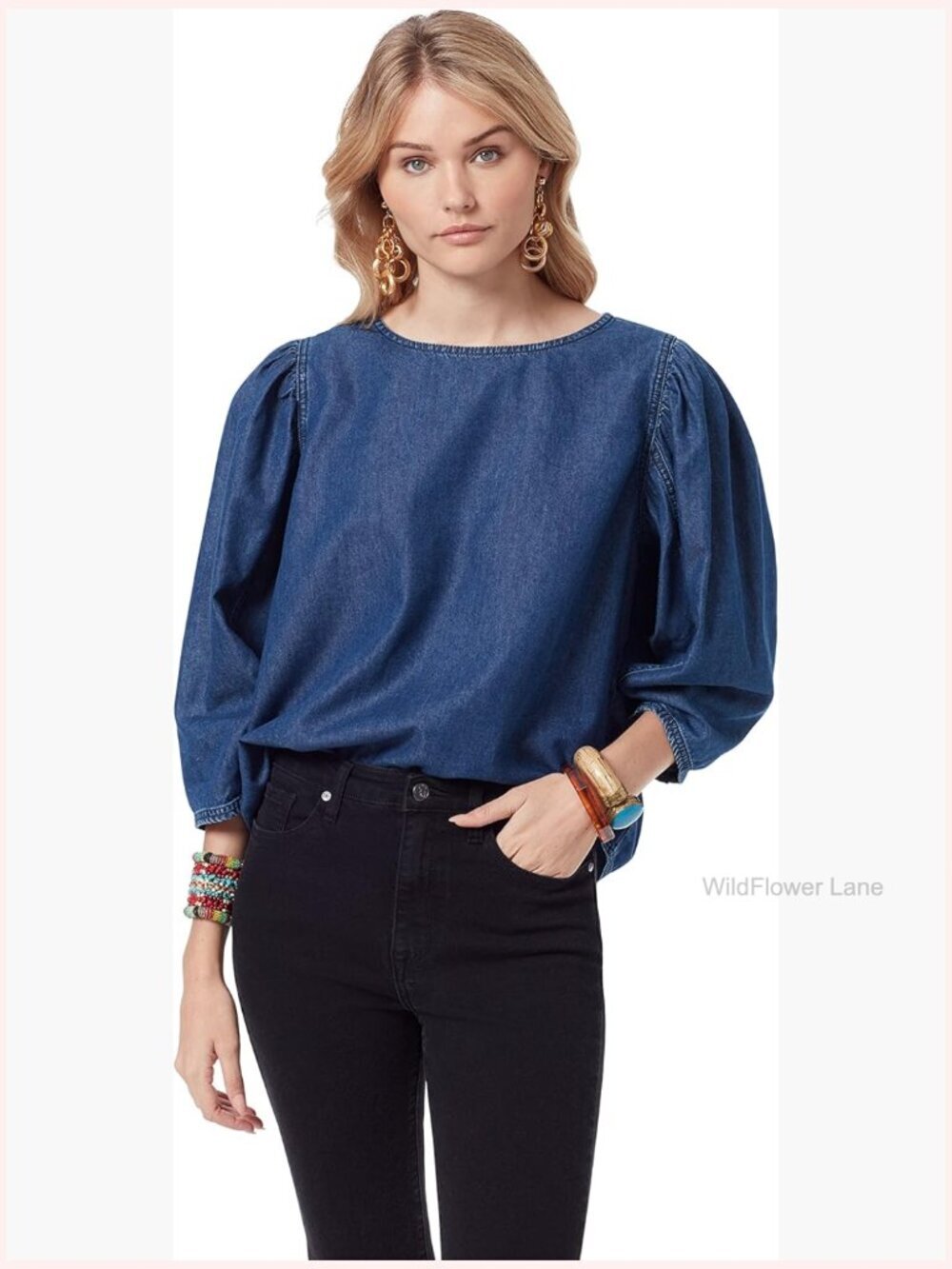 Puff Sleeve Pullover Blouse Loose Fit Round Neck Long Sleeve